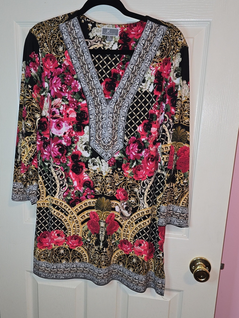 JM Collection Black Floral & Gold Baroque Long Sleeve Dress